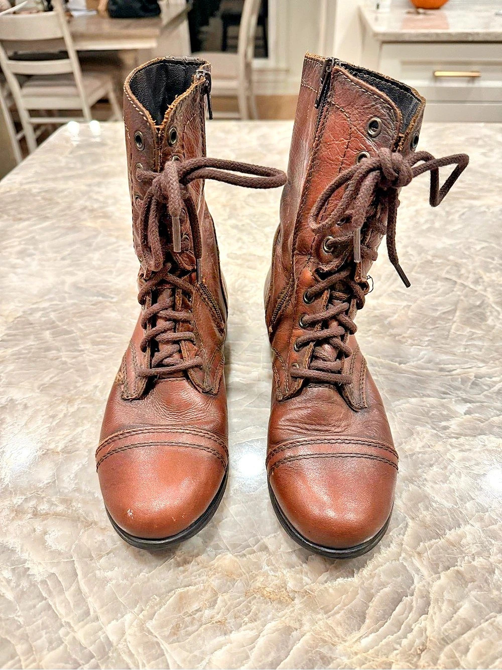 Steve Madden Brown Leather Lace-Up Combat Boots Side Zip Cap Toe Size 7